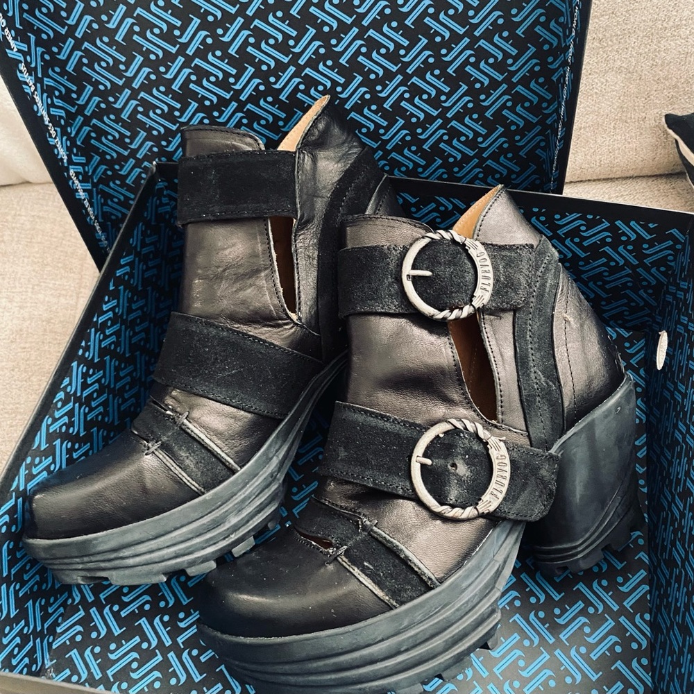 John Fluevog Black Platform Shoes with Double Buckle